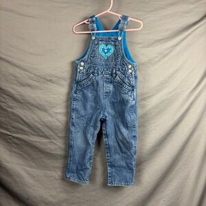 Vintage Children’s Place Denim Teal Fleece Lined Overalls 24 Months w/ Heart